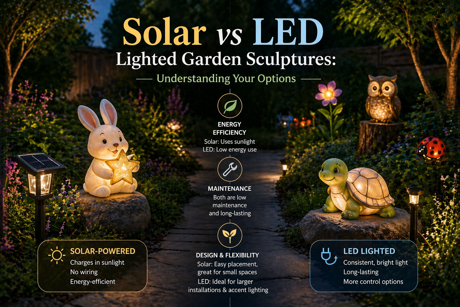 Solar vs LED Lighted Garden Sculptures: Understanding Your Options