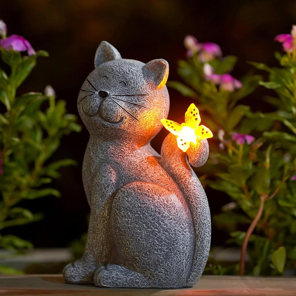 Solar Cat with Butterfly Garden Statue Light Outdoor Yard Decor Gift for Mom Grandma