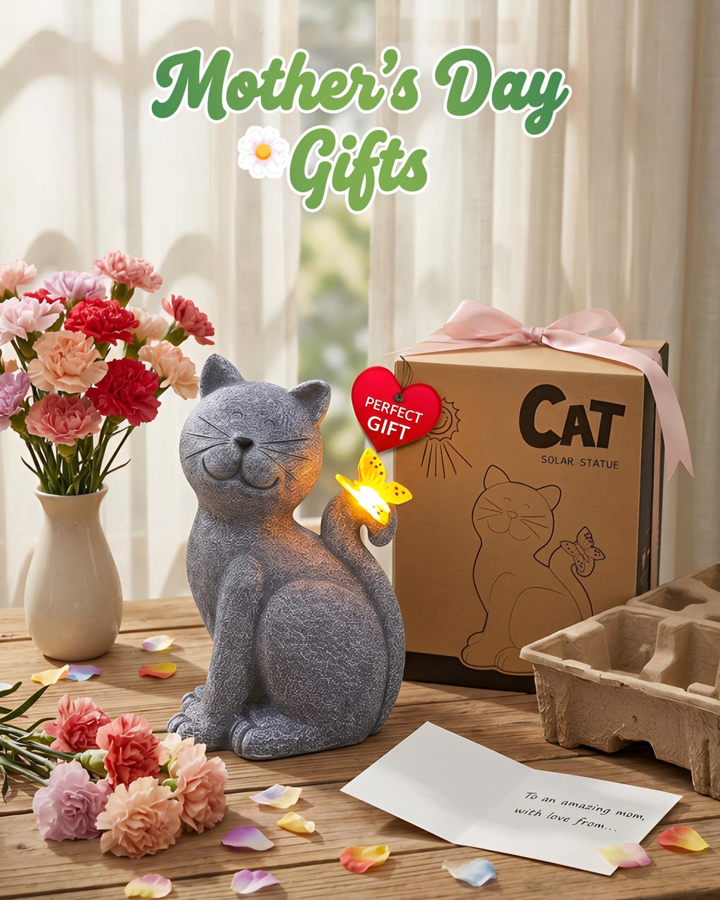 Solar Cat with Butterfly Garden Statue Light Outdoor Yard Decor Gift for Mom Grandma