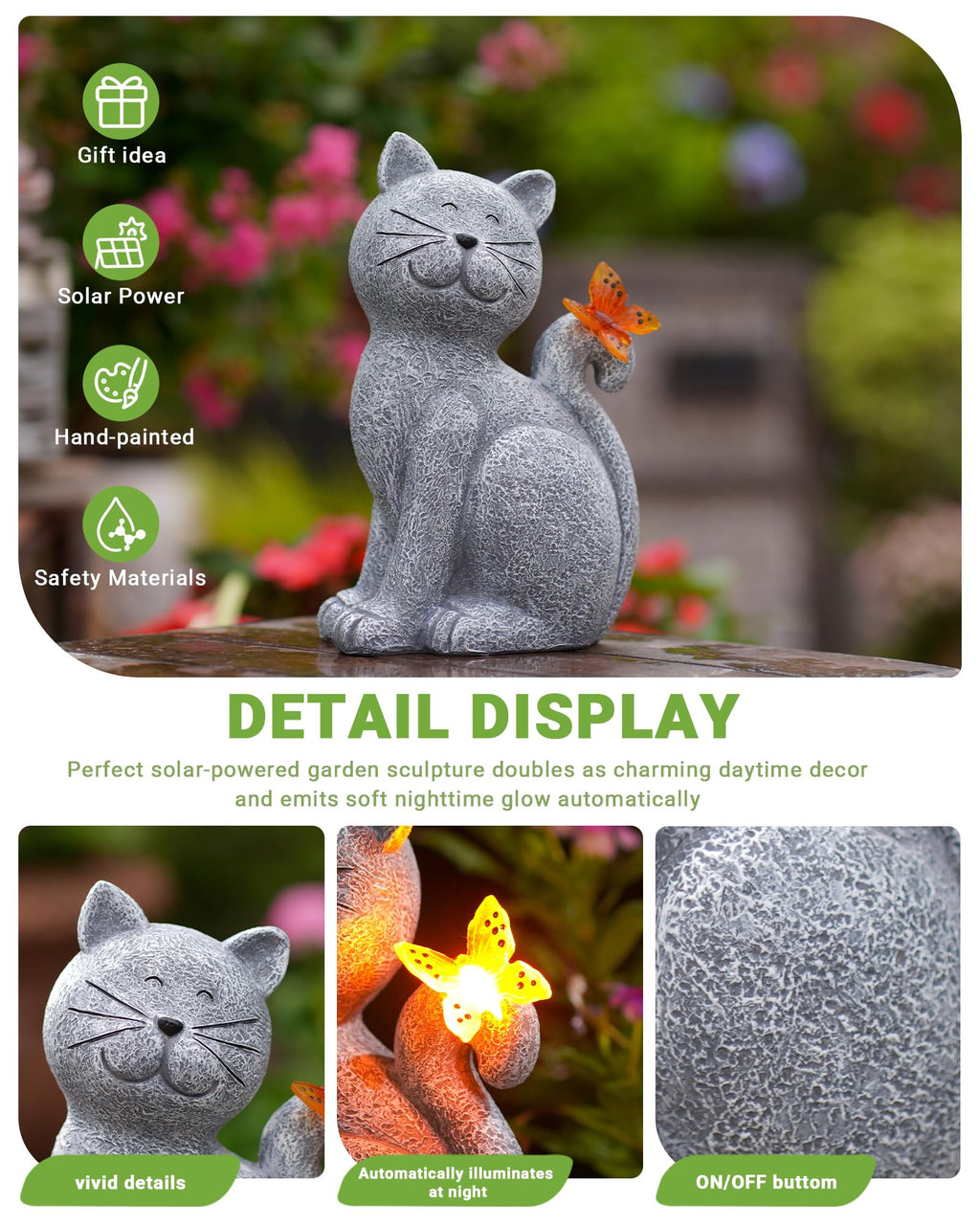 Solar Cat with Butterfly Garden Statue Light Outdoor Yard Decor Gift for Mom Grandma