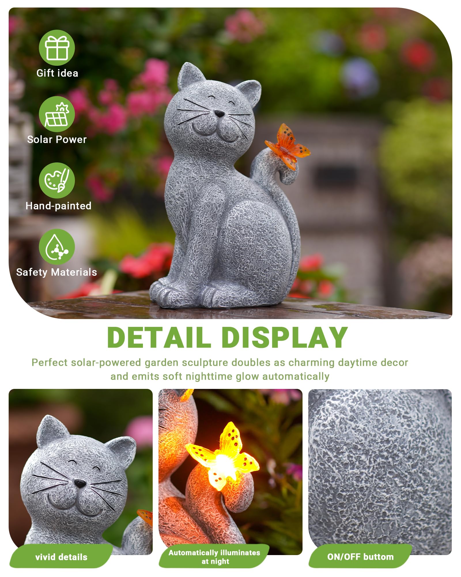 Solar Cat with Butterfly Garden Statue Light Outdoor Yard Decor Gift for Mom Grandma