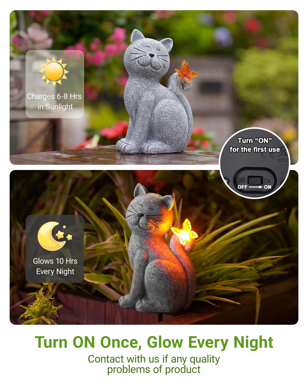 Solar Cat with Butterfly Garden Statue Light Outdoor Yard Decor Gift for Mom Grandma