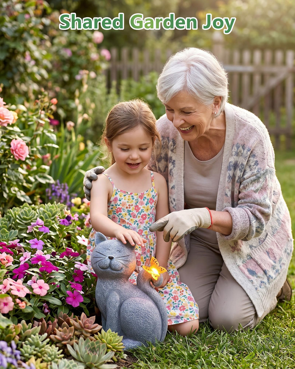 Solar Cat with Butterfly Garden Statue Light Outdoor Yard Decor Gift for Mom Grandma