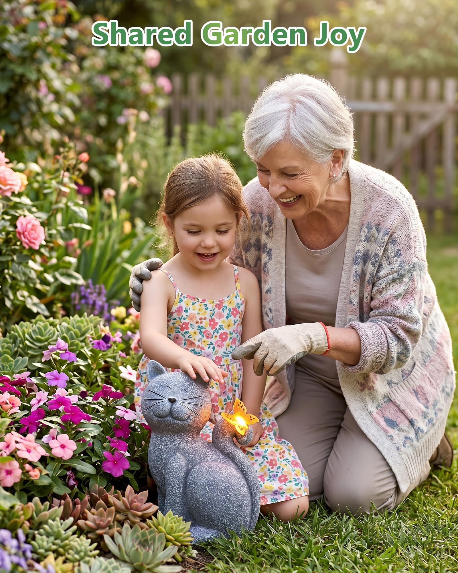 Solar Cat with Butterfly Garden Statue Light Outdoor Yard Decor Gift for Mom Grandma