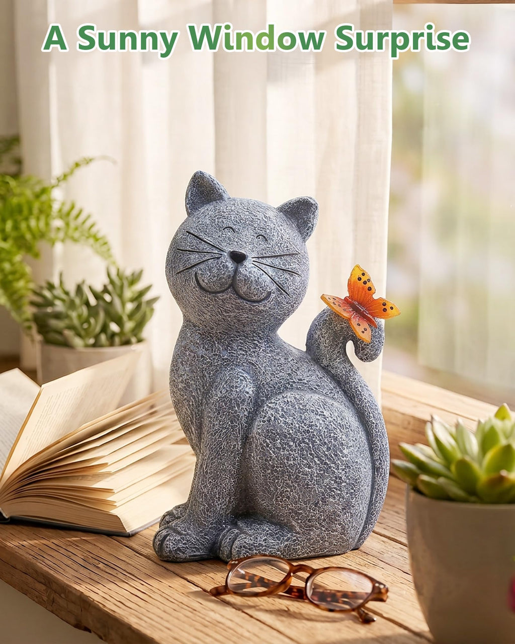 Solar Cat with Butterfly Garden Statue Light Outdoor Yard Decor Gift for Mom Grandma