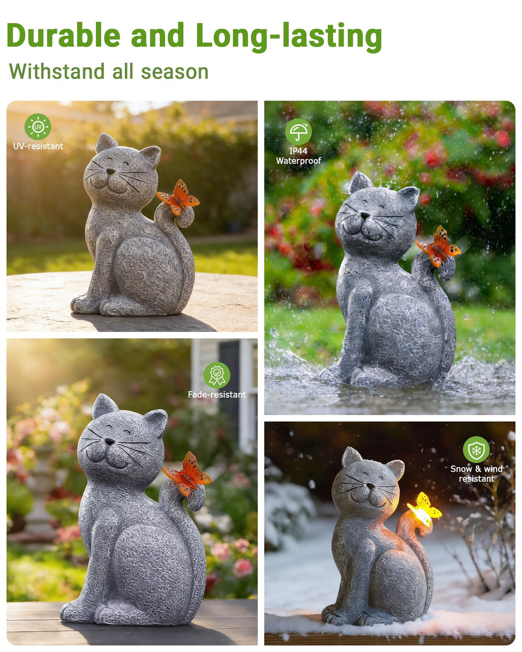 Solar Cat with Butterfly Garden Statue Light Outdoor Yard Decor Gift for Mom Grandma