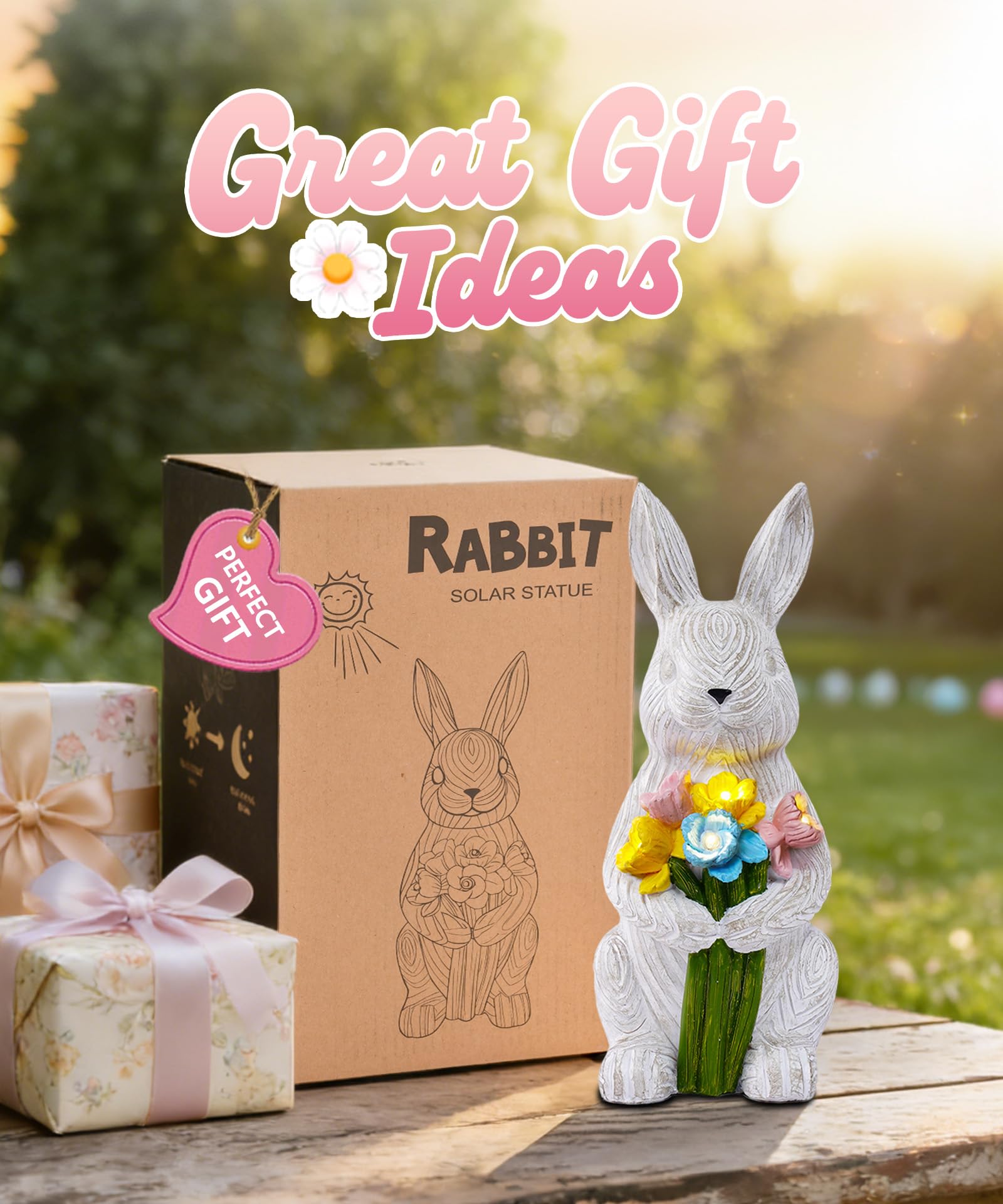Solar Bunny with Succulent Garden Statue Light Outdoor Easter Gift for Mom Grandma