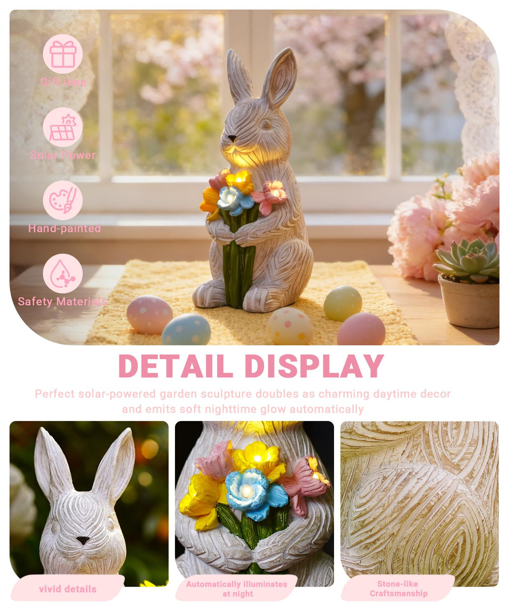 Solar Bunny with Succulent Garden Statue Light Outdoor Easter Gift for Mom Grandma
