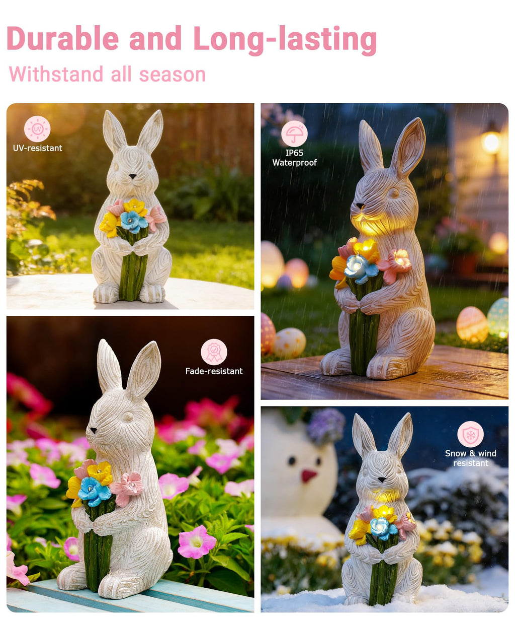 Solar Bunny with Succulent Garden Statue Light Outdoor Easter Gift for Mom Grandma