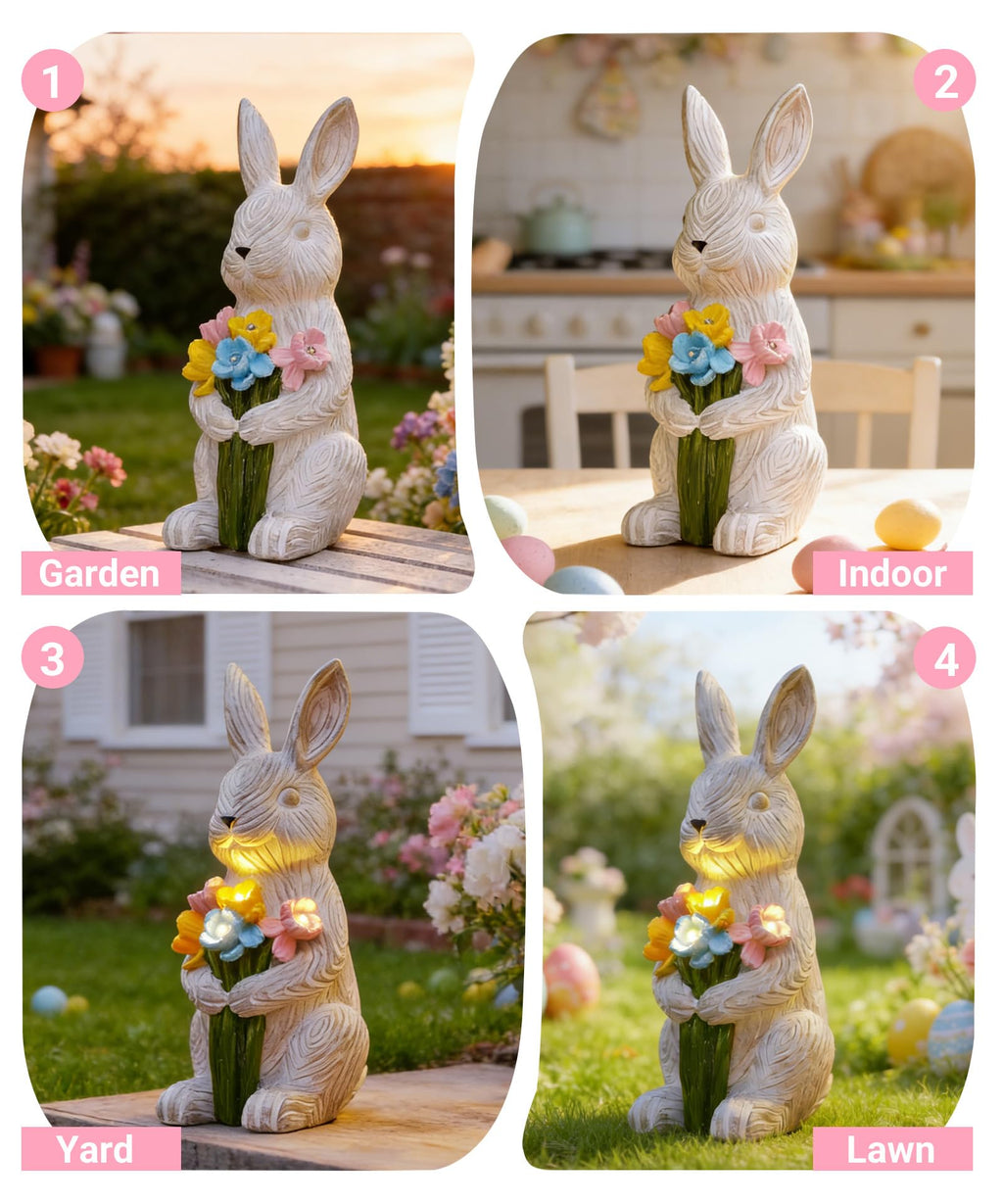 Solar Bunny with Succulent Garden Statue Light Outdoor Easter Gift for Mom Grandma