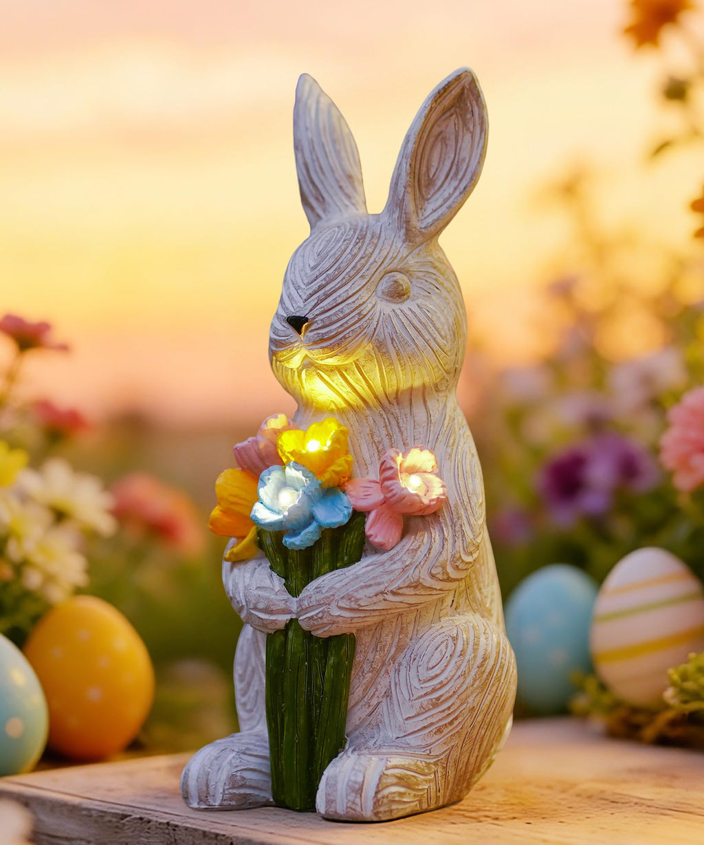 Solar Bunny with Succulent Garden Statue Light Outdoor Easter Gift for Mom Grandma