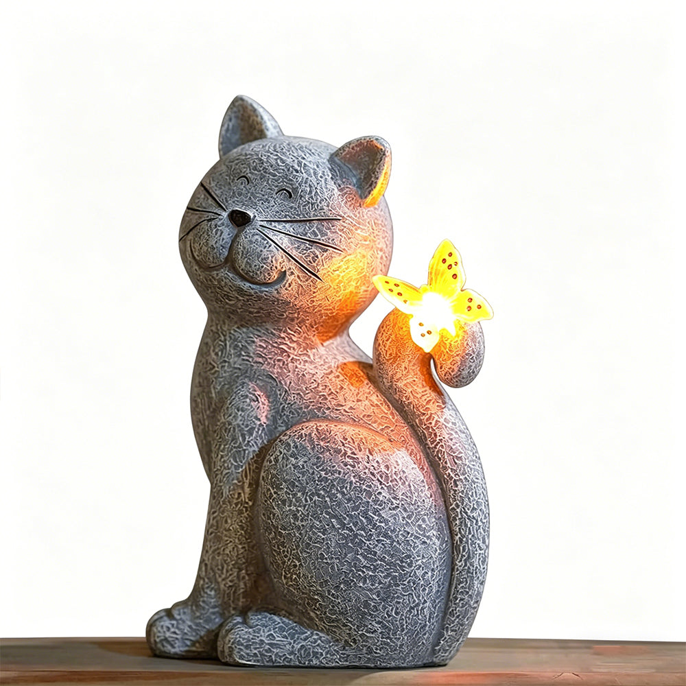 Solar Cat with Butterfly Garden Statue Light Outdoor Yard Decor Gift for Mom Grandma