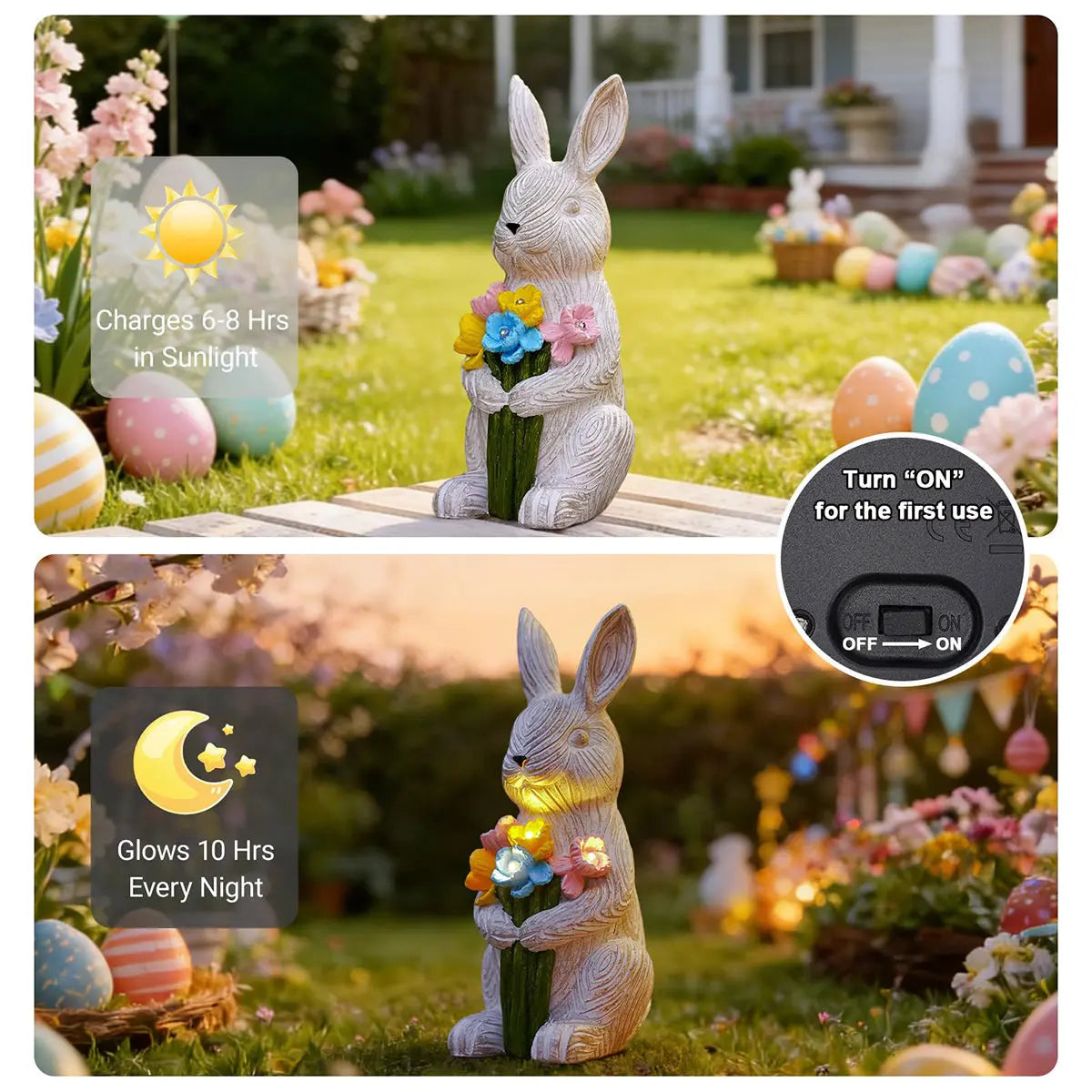 Solar Bunny Garden Statue with Succulent LED Light Waterproof Resin Outdoor Decor Fantasycourse
