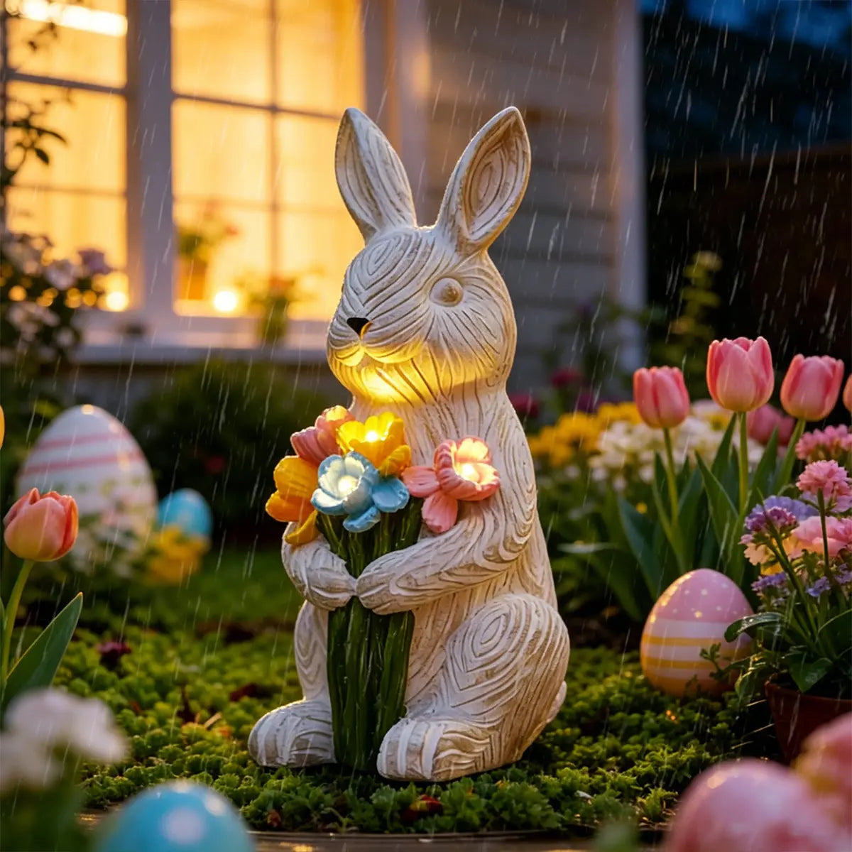Solar Bunny Garden Statue with Succulent LED Light Waterproof Resin Outdoor Decor Fantasycourse