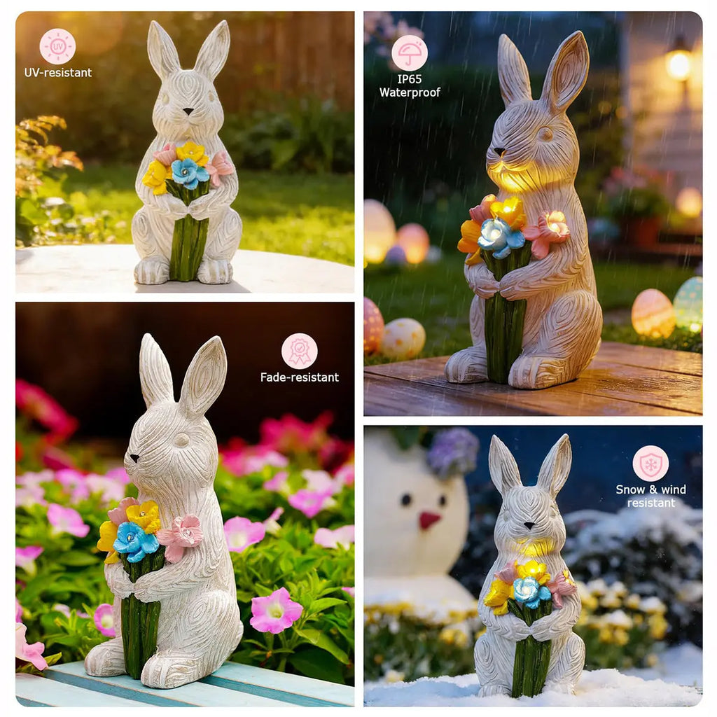 Solar Bunny Garden Statue with Succulent LED Light Waterproof Resin Outdoor Decor Fantasycourse