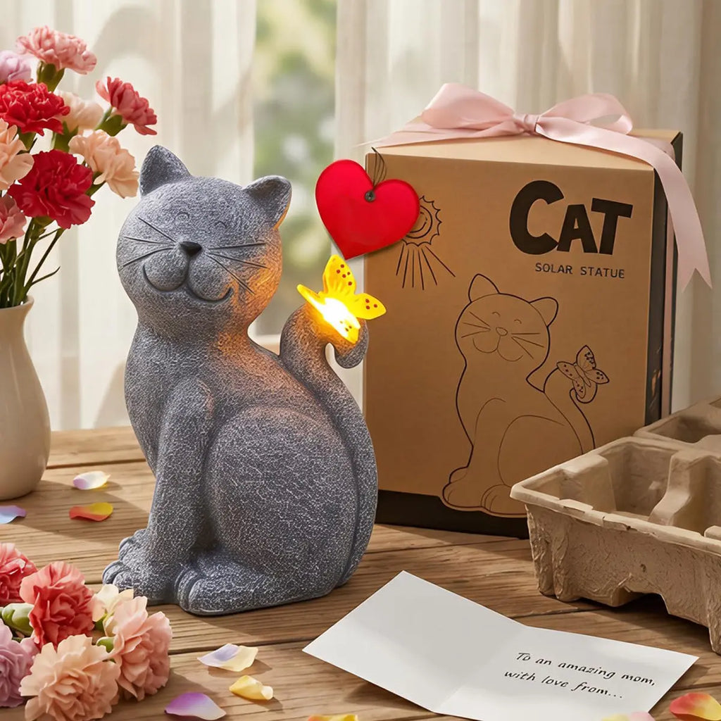 Solar Cat Garden Statue with Butterfly LED Light Waterproof Resin Outdoor Decor Fantasycourse