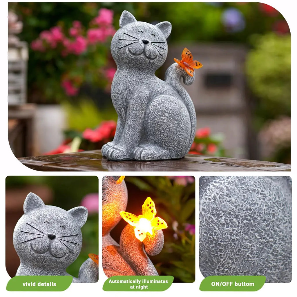 Solar Cat Garden Statue with Butterfly LED Light Waterproof Resin Outdoor Decor Fantasycourse