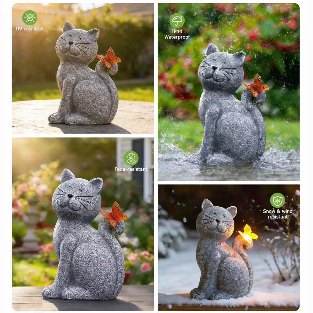 Solar Cat Garden Statue with Butterfly LED Light Waterproof Resin Outdoor Decor Fantasycourse