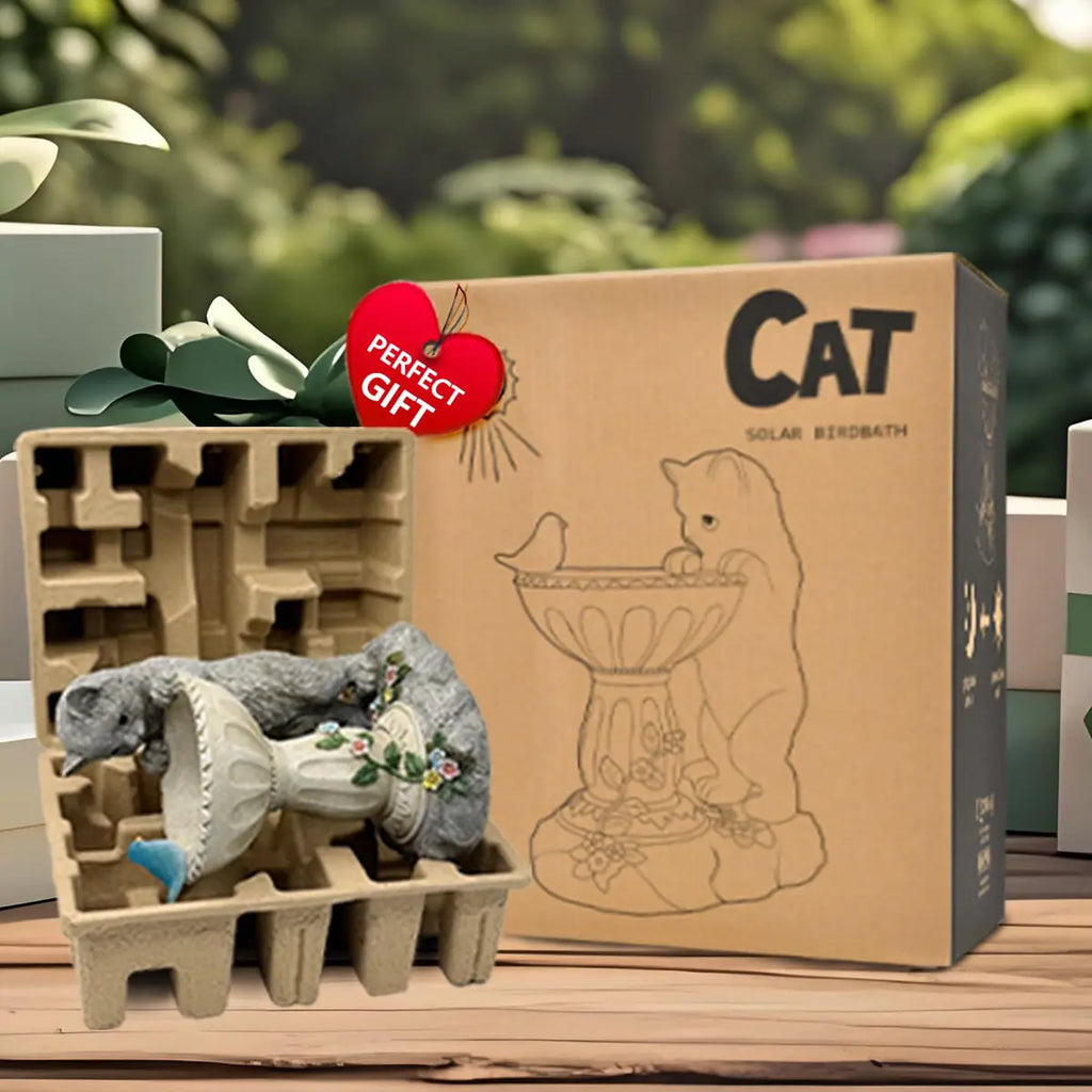 Solar Cat Garden Statue with Bird Bath IP44 Weatherproof Resin Outdoor Decor Fantasycourse
