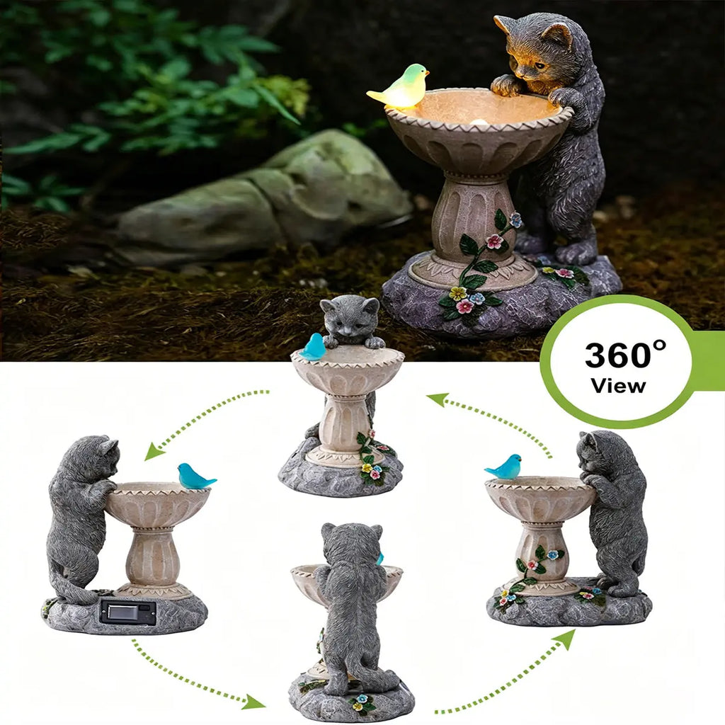 Solar Cat Garden Statue with Bird Bath IP44 Weatherproof Resin Outdoor Decor Fantasycourse