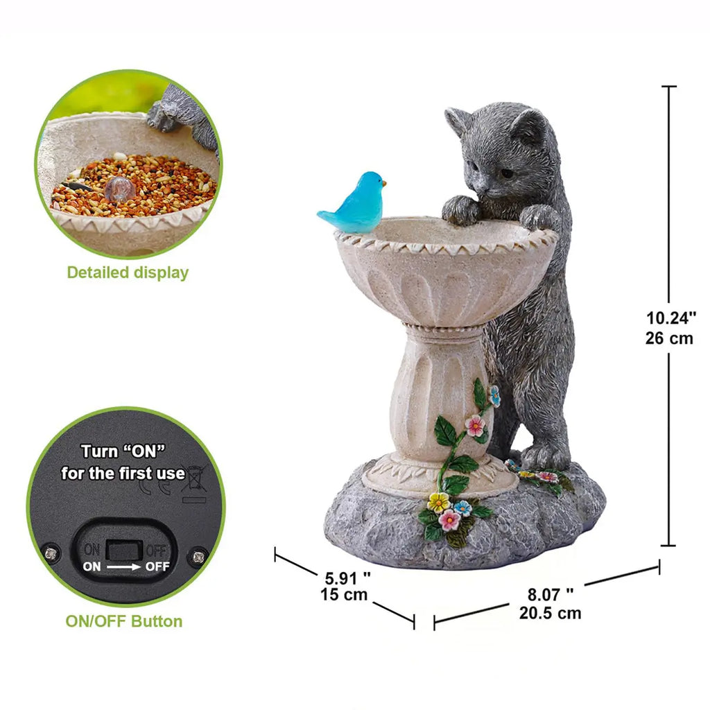 Solar Cat Garden Statue with Bird Bath IP44 Weatherproof Resin Outdoor Decor Fantasycourse