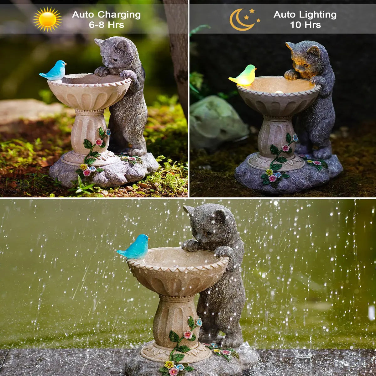 Solar Cat Garden Statue with Bird Bath IP44 Weatherproof Resin Outdoor Decor Fantasycourse