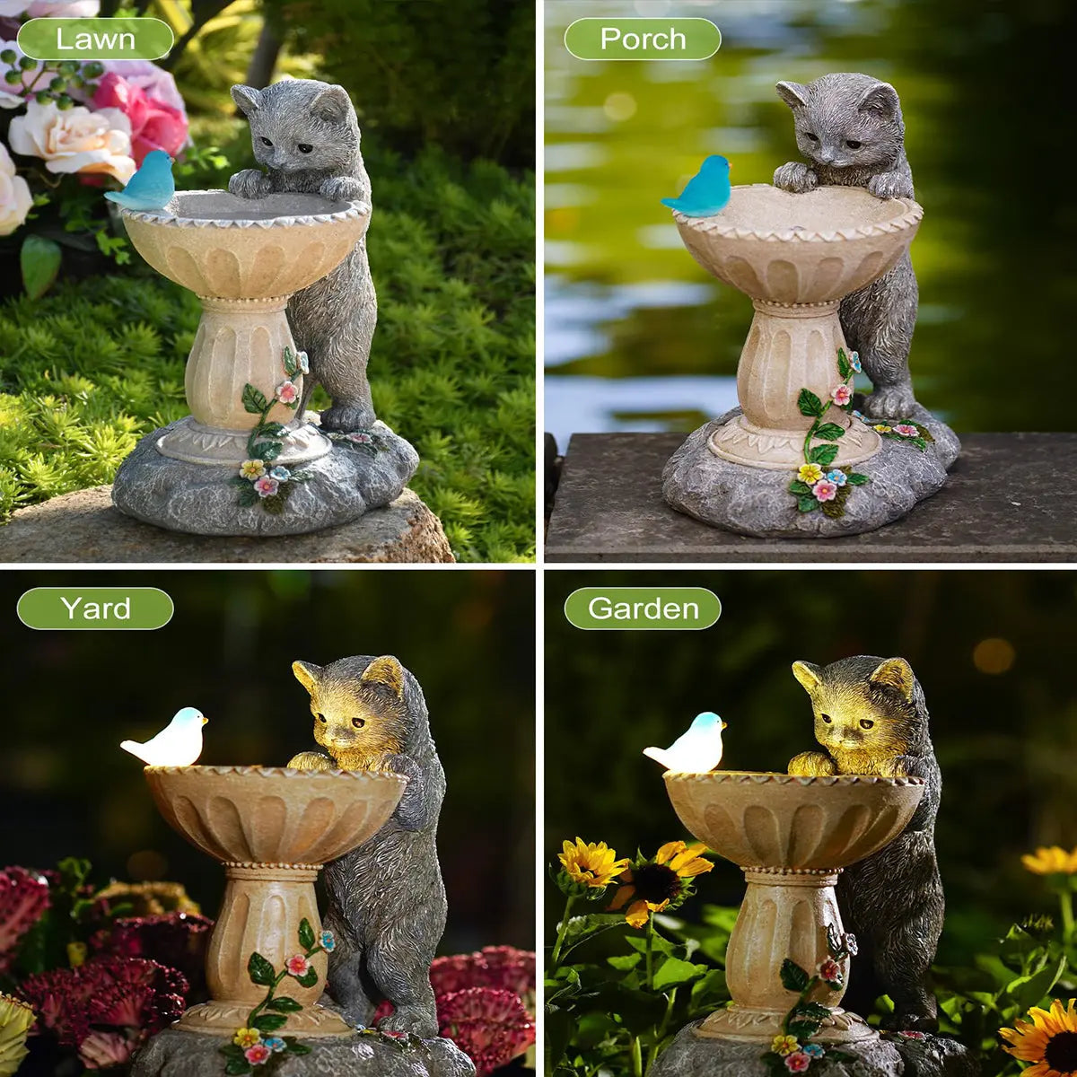 Solar Cat Garden Statue with Bird Bath IP44 Weatherproof Resin Outdoor Decor Fantasycourse