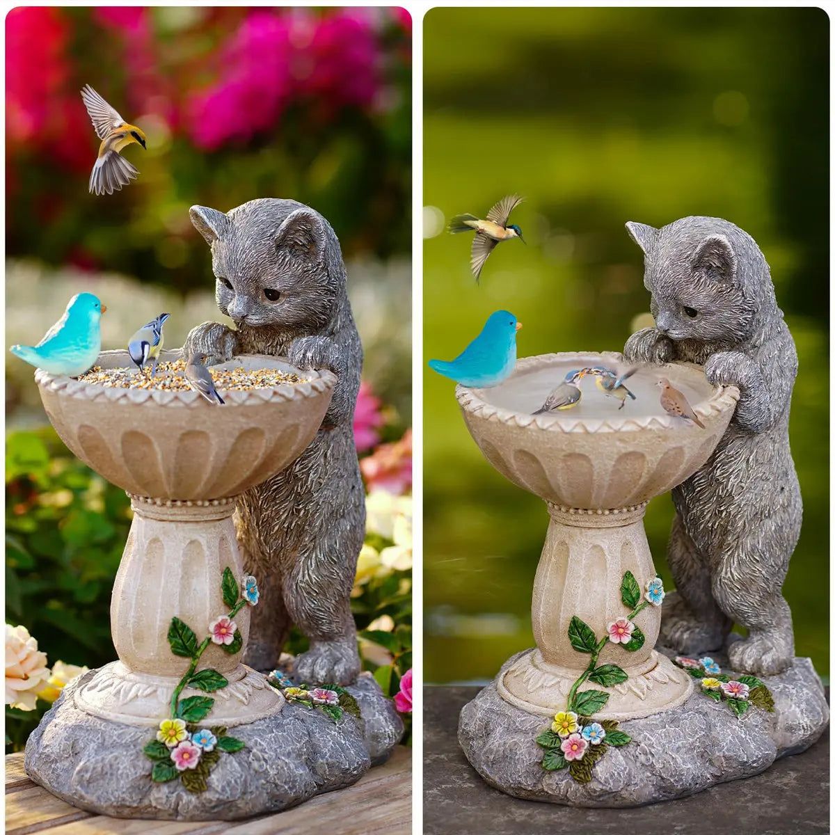 Solar Cat Garden Statue with Bird Bath IP44 Weatherproof Resin Outdoor Decor Fantasycourse