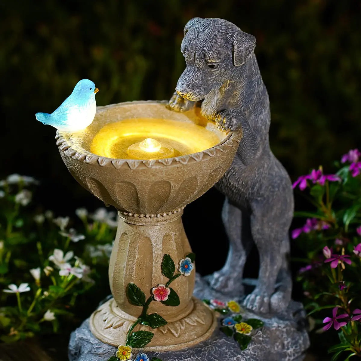 Solar Cat Garden Statue with Bird Bath IP44 Weatherproof Resin Outdoor Decor Fantasycourse