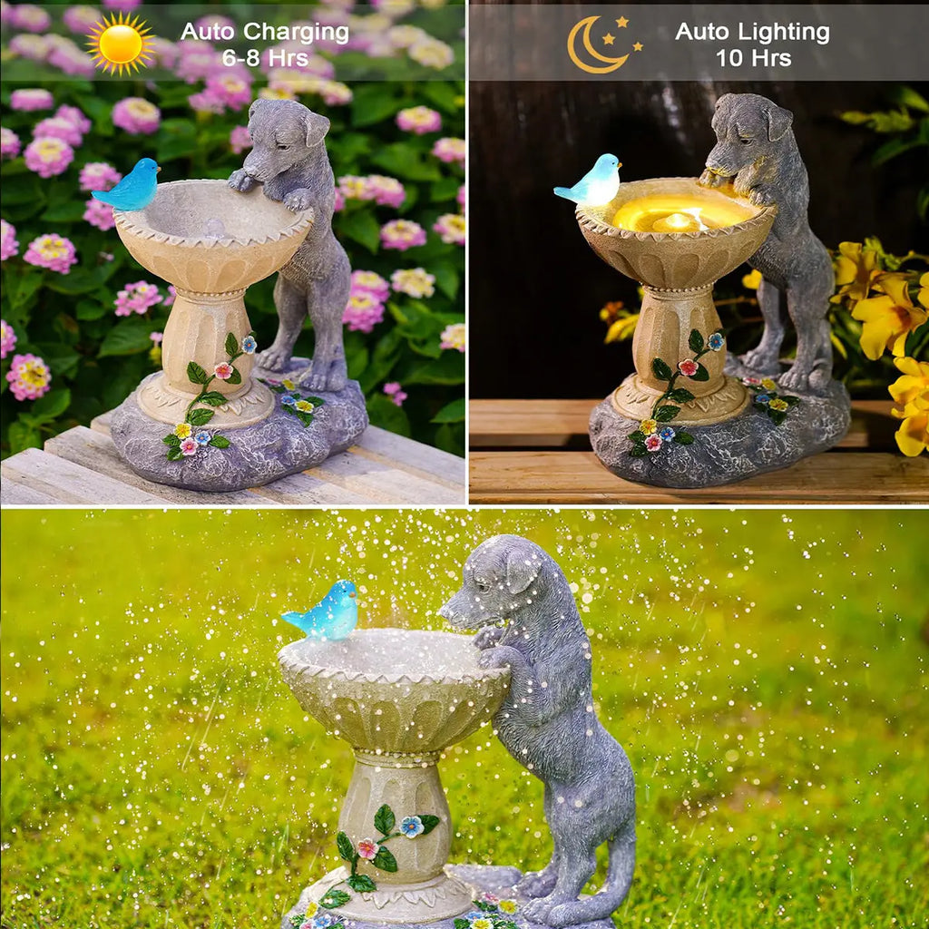 Solar Cat Garden Statue with Bird Bath IP44 Weatherproof Resin Outdoor Decor Fantasycourse