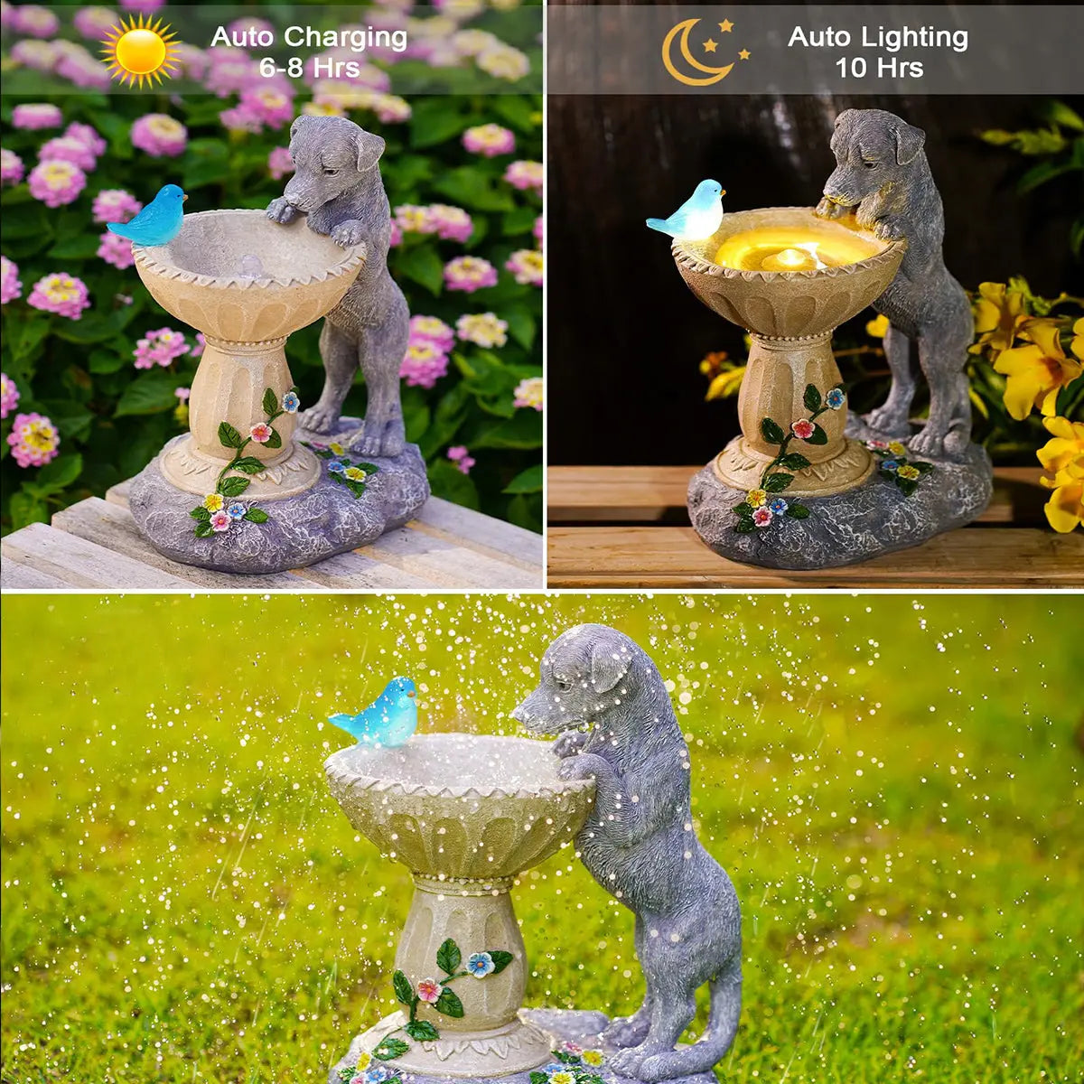 Solar Cat Garden Statue with Bird Bath IP44 Weatherproof Resin Outdoor Decor Fantasycourse