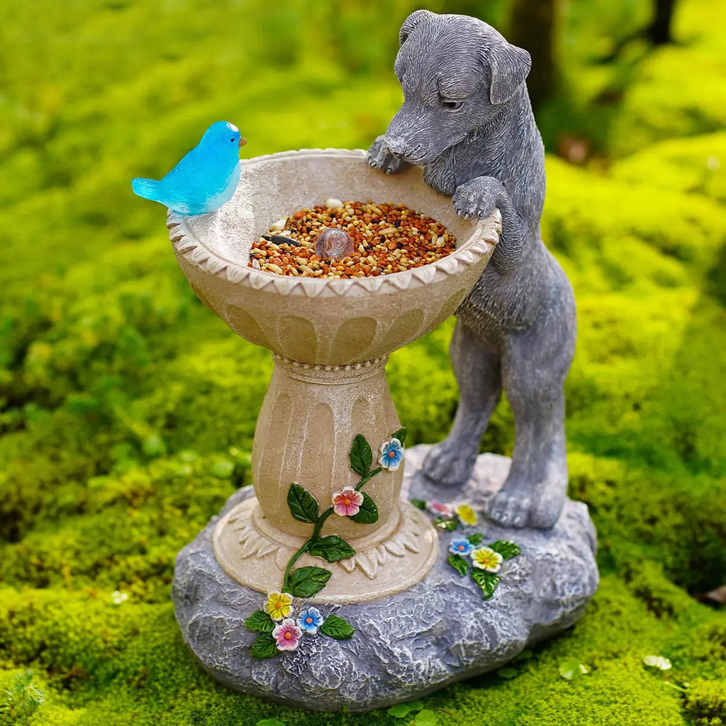 Solar Cat Garden Statue with Bird Bath IP44 Weatherproof Resin Outdoor Decor Fantasycourse
