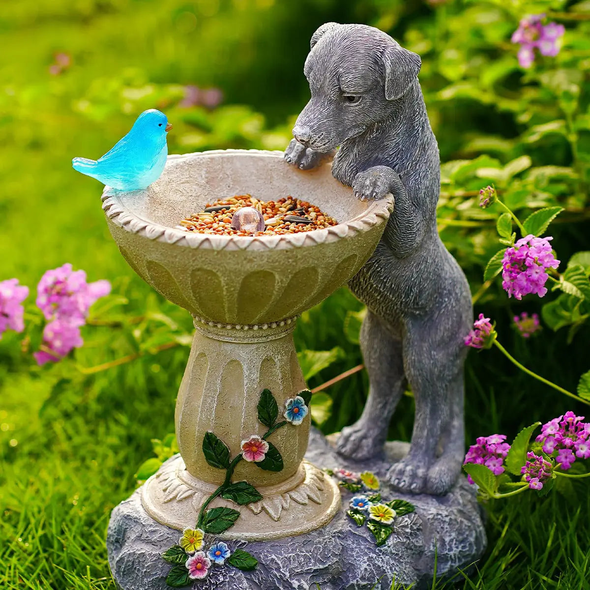 Solar Cat Garden Statue with Bird Bath IP44 Weatherproof Resin Outdoor Decor Fantasycourse